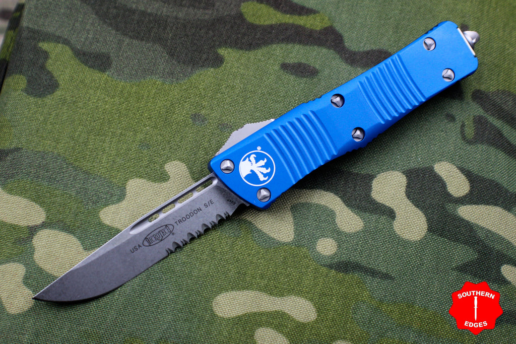 Microtech Troodon Blue Single Edge OTF knife with Stonewash Part Serrated Blade 139-11 BL