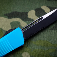 Microtech Troodon Turquoise Single Edge OTF Knife with Black Part Serrated Blade 139-2 TQ