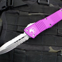 Microtech Combat Troodon OTF Knife- Double Edge- Violet Handle- Part Serrated Stonewash Blade 142-11 VI