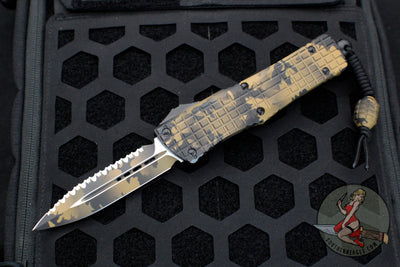 Microtech Combat Troodon OTF Knife- Frag- Double Edge- Coyote Camo Finished Handle, Grenade, And Full Serrated Blade 142-3 FRCCS