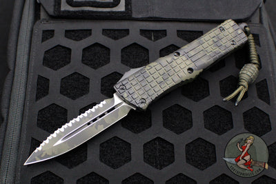 Microtech Combat Troodon OTF Knife- Frag- Double Edge- Olive Camo Finished Handle, Grenade, And Full Serrated Blade 142-3 FROCS