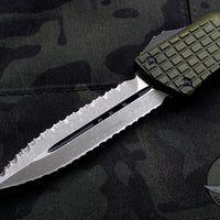 Microtech Combat Troodon Double Edge Frag Off OTF Grenade Green with Apocalyptic Double Reverse Full Serrated Blade 142-DR12 APFOGG