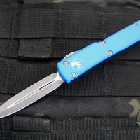 Microtech UTX-70 OTF Knife- Double Edge- Blue Handle- Apocalyptic Blade 147-10 APBL