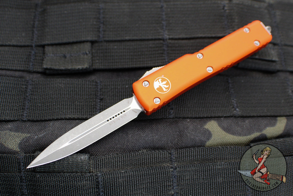 Microtech UTX-70 OTF Knife- Double Edge- Orange Handle- Apocalyptic Blade 147-10 APOR