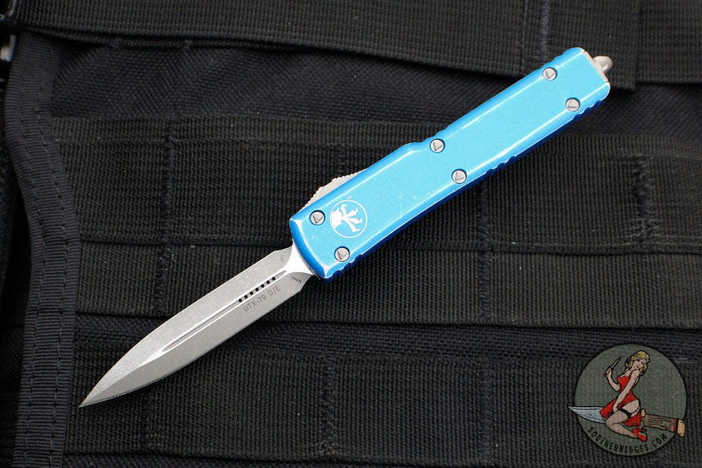 Microtech UTX-70 OTF Knife- Double Edge- Distressed Blue Handle- Apocalyptic Blade 147-10 DBL