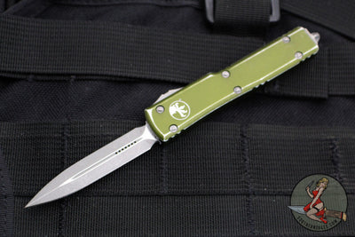Microtech UTX-70 OTF Knife- Double Edge- Distressed OD Green Handle- Apocalyptic Blade 147-10 DOD