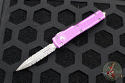 Microtech UTX-70 OTF Knife- Double Edge- Distressed Violet Handle- Double Full Serrated Apocalyptic Blade 147-D12 DVI