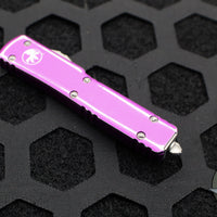 Microtech UTX-70 OTF Knife- Double Edge- Distressed Violet Handle- Double Full Serrated Apocalyptic Blade 147-D12 DVI