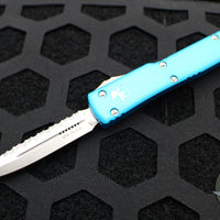 Microtech UTX-70 OTF Knife- Double Edge- Turquoise With Stonewash Full Serrated Blade 147-12 TQ