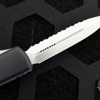 Microtech UTX-70 OTF Knife- Double Edge- Black Handle- Stonewash Full Serrated 147-12