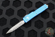 Microtech UTX-70 OTF Knife- Double Edge- Distressed Blue Handle- Double Full Serrated Apocalyptic Blade 147-D12 DBL