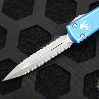 Microtech UTX-70 OTF Knife- Double Edge- Distressed Blue Handle- Double Full Serrated Apocalyptic Blade 147-D12 DBL