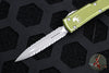 Microtech UTX-70 OTF Knife- Double Edge- Distressed OD Green Handle- Double Full Serrated Apocalyptic Blade 147-D12 DOD