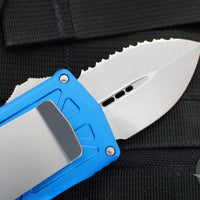 Microtech Exocet OTF Wallet Money Clip- Double Edge- Blue Handle With Stonewash Full Serrated Blade 157-12 BL
