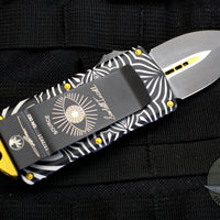 Microtech Exocet Money Clip Double Edge Out The Front (OTF) Knife Source Artwork With Two-Tone Black Blade With Gold Accents
