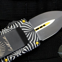 Microtech Exocet Money Clip Double Edge Out The Front (OTF) Knife Source Artwork With Two-Tone Black Blade With Gold Accents