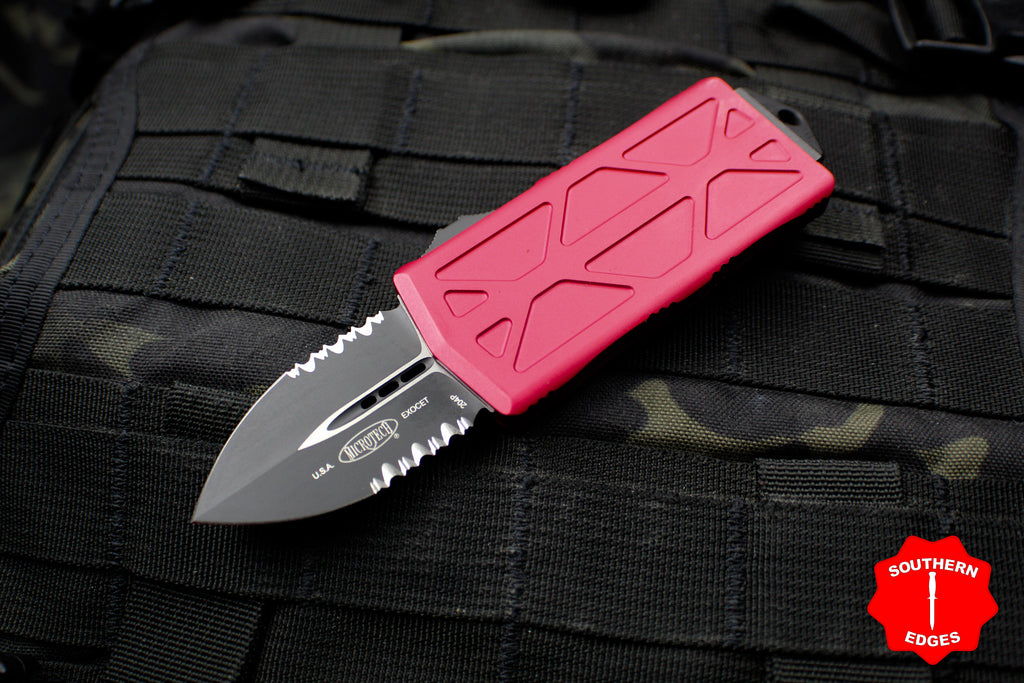 Microtech Exocet Red Money Clip Double Edge Out The Front (OTF) Knife With Black Part Serrated Blade 157-2 RD