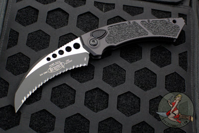 Microtech Hawk Out The Side (OTS) Auto Karambit Black Handle Black Full Serrated Blade Tactical HW 166-3 T