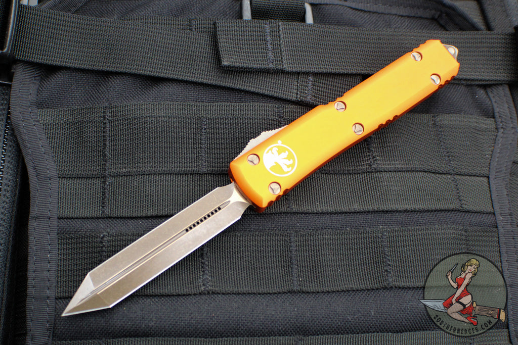 Microtech Ultratech OTF Knife- Spartan Edge- Orange Handle- Bronzed Apocalyptic Blade 223-13 APOR
