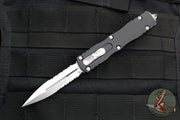 Microtech Dirac OTF Knife- Double Edge- Black Handle- Stonewash Part Serrated Blade  225-11