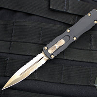 Microtech Dirac OTF Knife- Double Edge- Black with Bronzed Part Serrated Blade HW 225-14