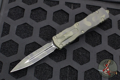 Microtech Dirac OTF Knife- Double Edge- Olive Camo Finished Handle- Olive Camo Plain Edge Blade 225-1 OCS