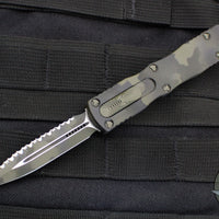 Microtech Dirac OTF Knife- Double Edge- Olive Camo Finished Handle- Olive Camo Full Serrated Blade 225-3 OCS