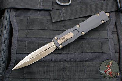 Microtech Dirac Delta OTF Knife- Double Edge- Black Handle- Bronze Apocalyptic Full Serrated Blade 227-15 AP