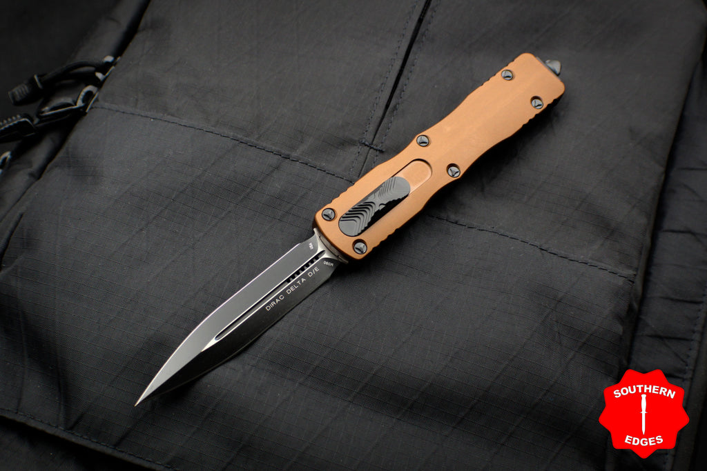 Microtech Dirac Delta OTF Knife- Double Edge- Tan Handle- Black Plain Edge Blade 227-1 TA