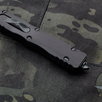Microtech Dirac Delta OTF Knife- Double Edge- Tactical- Black Handle- Black Full Serrated Blade and Black HW 227-3 T
