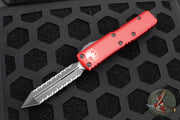 Microtech UTX-85 OTF Knife- Spartan Edge- Red Handle- Double Full Serrated Black Blade 230-D3 RD