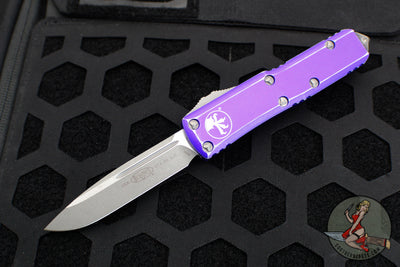 Microtech UTX-85 OTF Knife- Single Edge- Distressed Purple Handle- Apocalyptic Blade 231-10 DPU