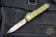 Microtech UTX-85 OTF Knife- Single Edge- OD Green Handle- Bronzed Apocalyptic Part Serrated Blade 231-14 APOD