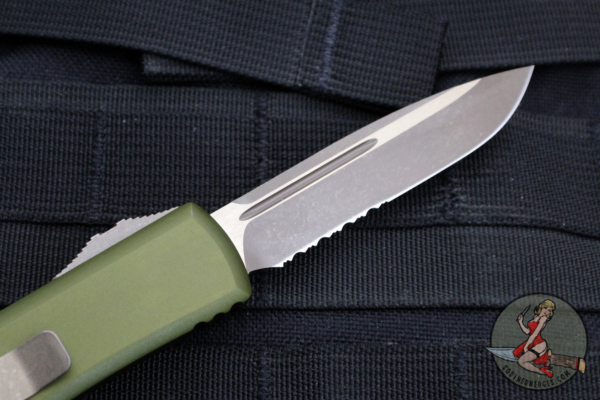 Microtech UTX-85 OTF Knife- Single Edge- OD Green Handle- Bronzed Apoc ...