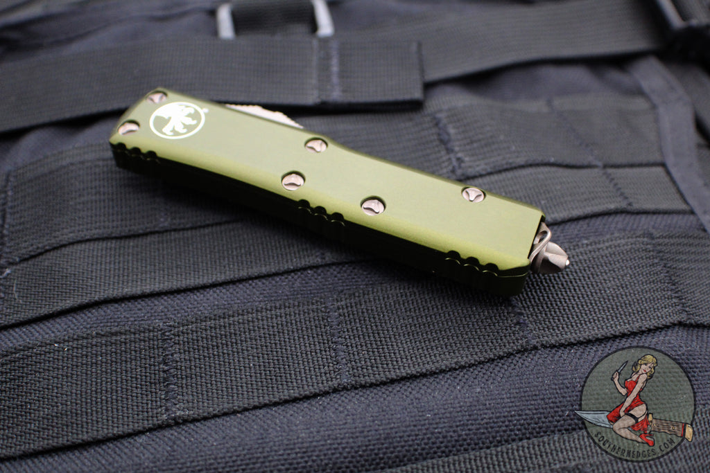 Microtech UTX-85 OTF Knife- Single Edge- OD Green Handle- Bronzed Apoc ...