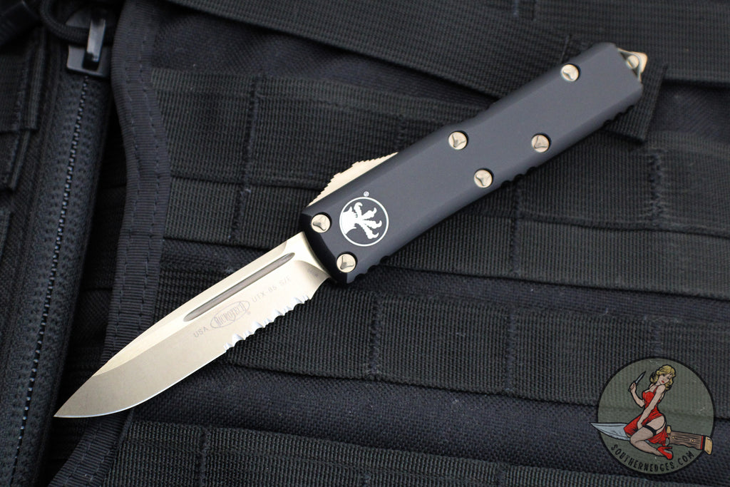 Microtech UTX-85 OTF Knife- Single Edge- Black Handle- Bronzed Part Serrated Blade 231-14