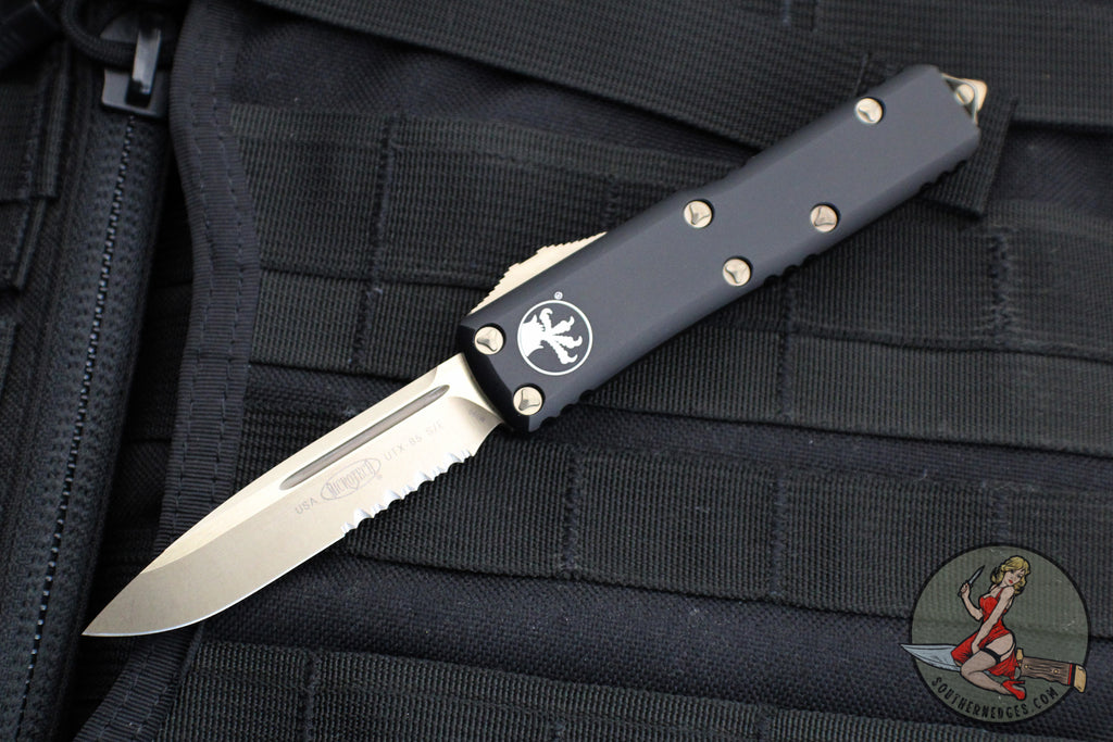 Microtech UTX-85 OTF Knife- Single Edge- Black Handle- Bronzed Part Se ...