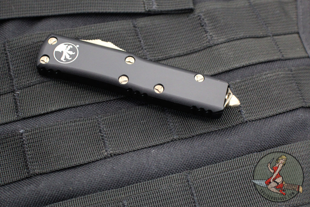 Microtech UTX-85 OTF Knife- Single Edge- Black Handle- Bronzed Part Se ...