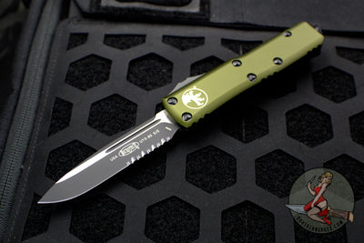Microtech UTX-85 OTF Knife- Single Edge- OD Green Handle- Part Serrated Black Blade 231-2 OD