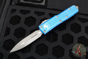 Microtech UTX-85 OTF Knife- Double Edge- Distressed Blue Handle- Apocalyptic Blade 232-10 DBL