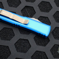 Microtech UTX-85 OTF Knife- Double Edge- Blue Handle- Bronzed Apocalyptic Blade 232-13 APBL