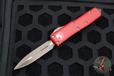 Microtech UTX-85 OTF Knife- Double Edge- Red Handle- Bronzed Apocalyptic Blade 232-13 APRD