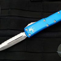 Microtech UTX-85 OTF Knife- Double Edge- Blue with Satin Full Serrated Blade 232-6 BL