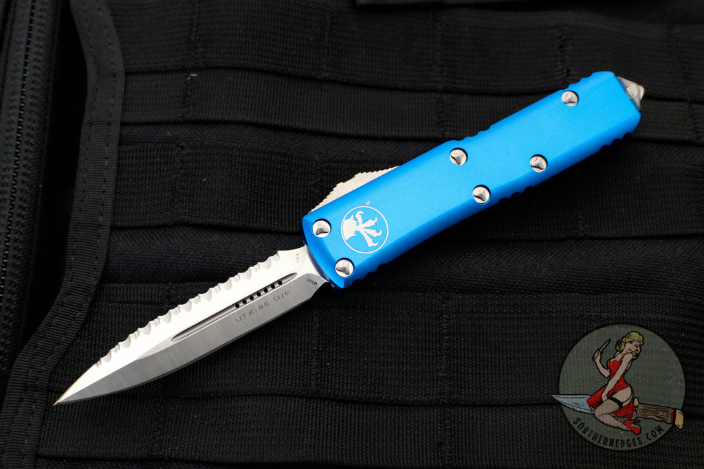 Microtech UTX-85 OTF Knife- Double Edge- Blue with Satin Full Serrated Blade 232-6 BL