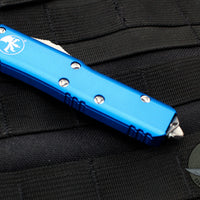 Microtech UTX-85 OTF Knife- Double Edge- Blue with Satin Full Serrated Blade 232-6 BL