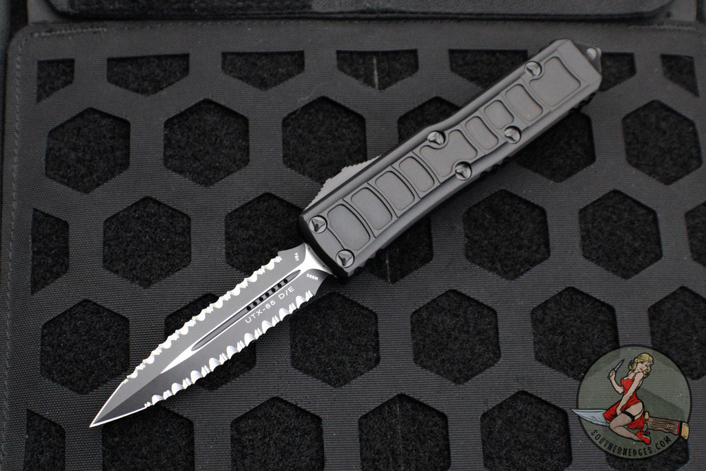Microtech UTX-85 II OTF Knife- Stepside- Double Edge- Black Tactical Handle- Black Double Full Serrated Blade 232II-D3 TS