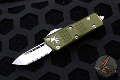 Microtech Mini Troodon OTF Knife- Tanto Edge- OD Green With Stonewash Full Serrated Blade 240-12 OD