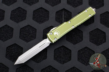 Microtech UTX-70 OTF Knife- Spartan Edge- Distressed OD Green Handle- Apocalyptic Plain Edge Blade 249-10 DOD