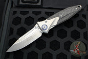 Microtech Socom Bravo- Single Edge- Bead Blast Finish Titanium Handle with Carbon Fiber Scales- Blue Pivot Collar 260-7 CFTI