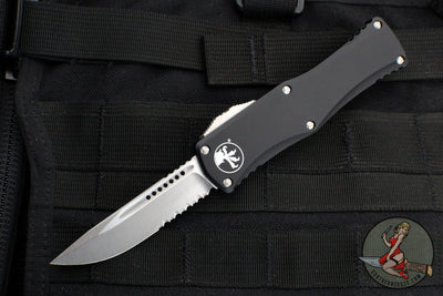 Microtech Hera OTF Knife- Single Edge- Black Handle- Stonewash Part Serrated 703-11